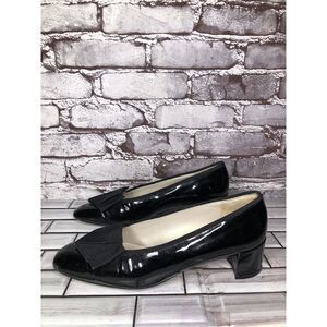 Delman Classic Black Patent Leather Slip On Bow Pumps Heels Women Sz 8.5M US/39